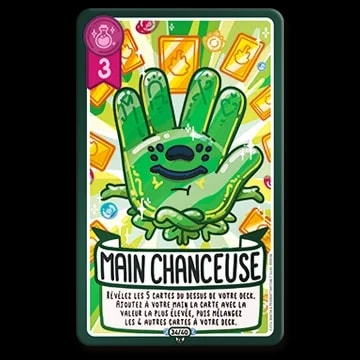 Carte de jeu Main Chanceuse illustrée d'une main verte souriante, avec un coût de 3 et un texte expliquant l'effet de révélation de cartes.