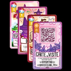Carte de visite promotionnelle de couleur rose avec un QR code, illustrée de petits personnages à chapeaux pointus, mentionnant les comptes @pomyad et @diceclub_tv.