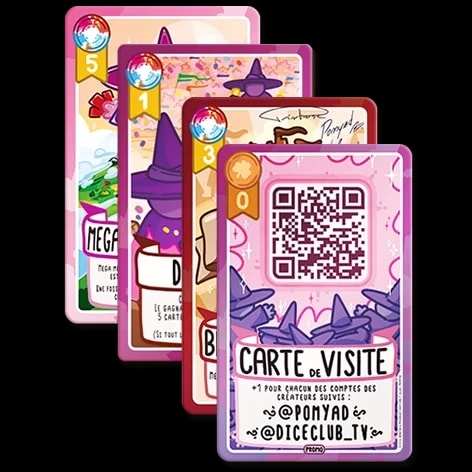Carte de visite promotionnelle de couleur rose avec un QR code, illustrée de petits personnages à chapeaux pointus, mentionnant les comptes @pomyad et @diceclub_tv.
