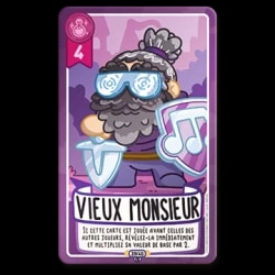 Carte de jeu "Vieux Monsieur" violette, illustrant un personnage âgé avec des lunettes tourbillonnantes, un bouclier en forme de note de musique et une épée, avec des règles de jeu inscrites en dessous.