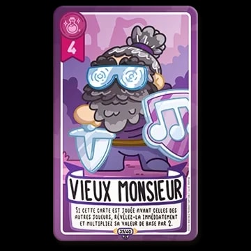 Carte de jeu "Vieux Monsieur" violette, illustrant un personnage âgé avec des lunettes tourbillonnantes, un bouclier en forme de note de musique et une épée, avec des règles de jeu inscrites en dessous.