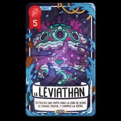 Carte de jeu "Le Léviathan", un monstre marin violet avec des tentacules et de nombreux yeux, entouré d'eau agitée, avec une valeur de 5 et un texte expliquant son effet de destruction de cartes.