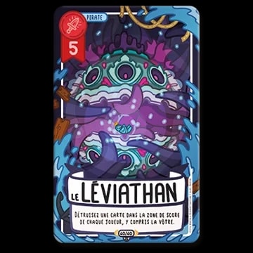 Carte de jeu "Le Léviathan", un monstre marin violet avec des tentacules et de nombreux yeux, entouré d'eau agitée, avec une valeur de 5 et un texte expliquant son effet de destruction de cartes.