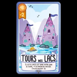 Carte de jeu Cité Tortue illustrant un château sur le dos d'une tortue dans l'eau. Valeur 3, avec un texte expliquant une règle spéciale pour jouer la carte comme soutien de valeur -2.