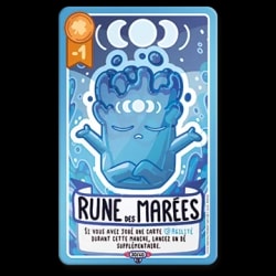 Carte de jeu Rune des marées représentant une créature d'eau en méditation, avec des phases de lune et un effet de jeu textuel en français. Fond bleu et style illustratif.