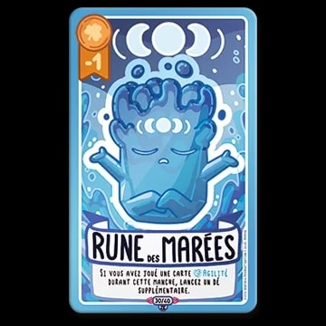 Carte de jeu Rune des marées représentant une créature d'eau en méditation, avec des phases de lune et un effet de jeu textuel en français. Fond bleu et style illustratif.