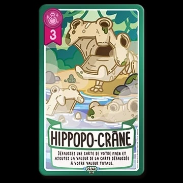 Carte de jeu Hippopo-crâne montrant des crânes d'hippopotame dans un décor de jungle. Valeur 3, avec un texte expliquant l'effet de défausse pour ajouter de la valeur au score total.