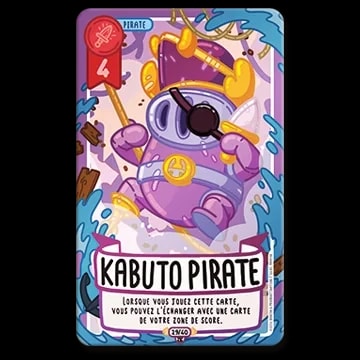 Carte de jeu Kabuto Pirate violet avec un personnage portant un cache-œil et un chapeau, entouré d'eau, de valeur 4. Texte expliquant l'effet de jeu en bas de la carte.