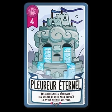 Carte de jeu "Pleureur éternel" illustrant un château en pierre en forme de visage triste d'où coule de l'eau. Indique le coût 4 et une capacité de défausse pour les adversaires.