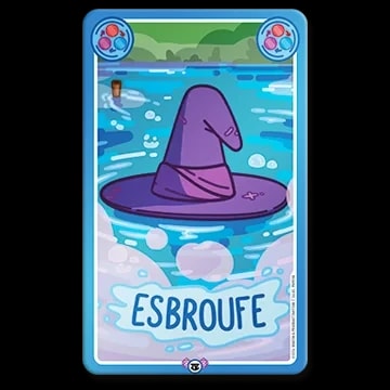 Carte de jeu illustrée montrant un chapeau de sorcière violet flottant sur l'eau, avec le mot ESBROUFE inscrit en bas sur un fond bleu.