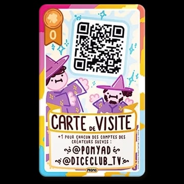 Carte de jeu violette intitulée "Blason Enchanté" illustrée par un écusson doré ailé. La carte porte le chiffre 5 et un texte explicatif sur l'appartenance à la guilde de Donjon & Procrastination.