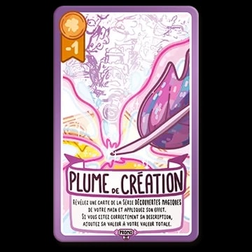 Carte de jeu "Plume de création" avec une illustration de plume, un score de -1, et un texte expliquant comment révéler une carte pour appliquer son effet et ajouter sa valeur.