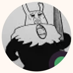 Dessin en noir et blanc de style cartoon représentant un personnage anthropomorphe à fourrure avec de longues oreilles, une barbe épaisse et la bouche ouverte, présenté dans un cadre circulaire.