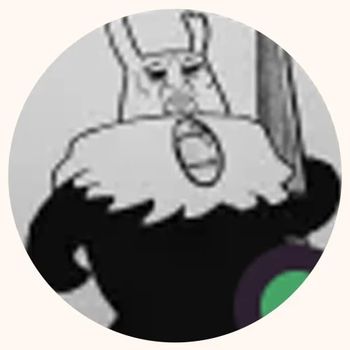 Dessin en noir et blanc de style cartoon représentant un personnage anthropomorphe à fourrure avec de longues oreilles, une barbe épaisse et la bouche ouverte, présenté dans un cadre circulaire.