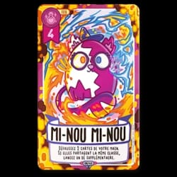 Carte de jeu violette nommée « Trois de dés » illustrant un personnage levant trois dés magiques. Texte : « Changez la valeur d’un dé d’un adversaire en 3 ». Icône de jeton -1 en haut à gauche.