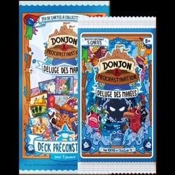 Boîte de jeu et booster Donjon & Procrastination : Déluge des marées, un jeu de cartes à collectionner illustré avec des personnages fantastiques et humoristiques dans un cadre aquatique.