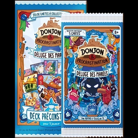 Boîte de jeu et booster Donjon & Procrastination : Déluge des marées, un jeu de cartes à collectionner illustré avec des personnages fantastiques et humoristiques dans un cadre aquatique.