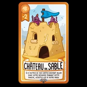 Carte de jeu "Château de sable" avec deux petits chevaliers violets sur un château, un drapeau bleu, un score de -2 et un texte explicatif sur ses effets en jeu.
