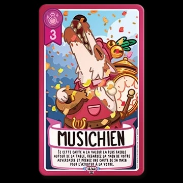 Carte de jeu "Musichien" représentant un chien musicien jouant d'un instrument, avec une valeur de 3, entouré de confettis. Texte français décrivant l'effet de jeu en bas de la carte.