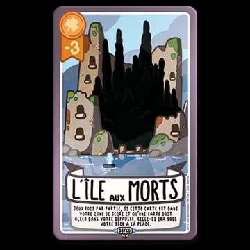 Carte de jeu L'Île aux Morts, illustrant une île sombre aux rochers escarpés entourée d'eau, avec une valeur de -3 et un texte décrivant son pouvoir spécial pour le score.