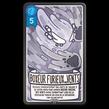 Carte de jeu nommée Boxeur Furieux des Vents, montrant un esprit venteux gris avec des gants de boxe, valeur 5, permettant de conserver la carte en révélant une carte de valeur 3.