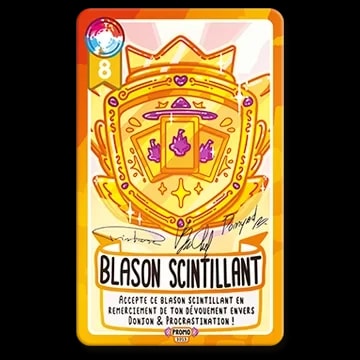 Carte à jouer dorée nommée Blason Scintillant, illustrée d'un blason couronné contenant trois cartes violettes, avec le texte : Accepte ce blason scintillant en remerciement de ton dévouement.