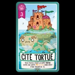 Carte de jeu Cité Tortue illustrant un château sur le dos d'une tortue dans l'eau. Valeur 3, avec un texte expliquant une règle spéciale pour jouer la carte comme soutien de valeur -2.