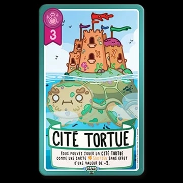 Carte de jeu Cité Tortue illustrant un château sur le dos d'une tortue dans l'eau. Valeur 3, avec un texte expliquant une règle spéciale pour jouer la carte comme soutien de valeur -2.