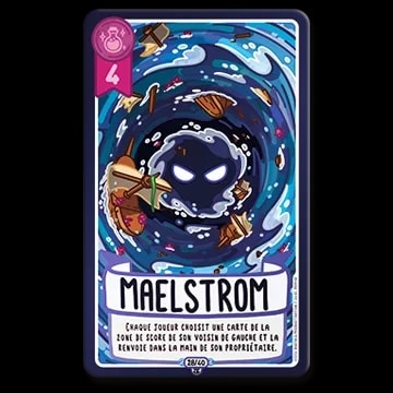 Carte de jeu Maelstrom illustrant un tourbillon bleu sombre avec des yeux brillants aspirant des débris, incluant le texte de règle : « Chaque joueur choisit une carte de la zone de score de son voisin ».
