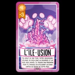 Carte de jeu nommée L'Île-usion avec une illustration de château rose flottant. Le texte explique que l'adversaire doit mélanger sa main et jouer à l'aveugle. Valeur de -3 points indiquée en haut à gauche.