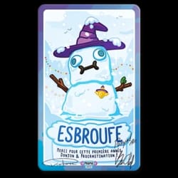 Carte illustrée avec un bonhomme de neige portant un chapeau de sorcier violet. Le texte indique « ESBROUFE », « Merci pour cette première année Donjon & Procrastination » et comporte des signatures.