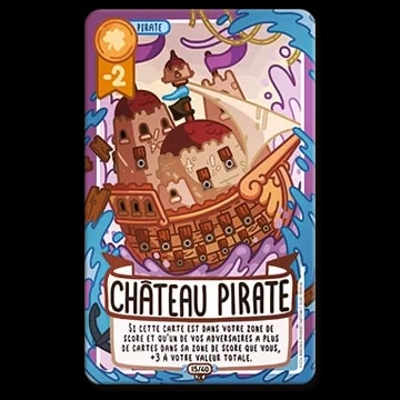 Carte de jeu Château Pirate illustrant un navire-château naviguant sur l'eau, avec une valeur de -2 et un texte expliquant un bonus de +3 sous certaines conditions.