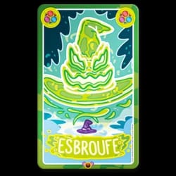 Carte de jeu illustrée montrant un chapeau de sorcière violet flottant sur l'eau, avec le mot ESBROUFE inscrit en bas sur un fond bleu.