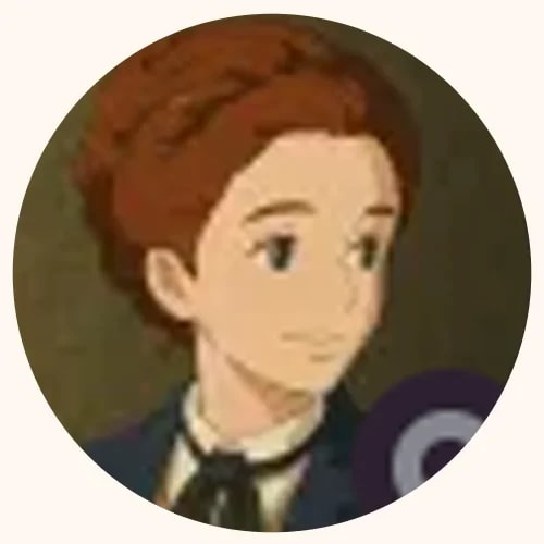 Portrait animé en médaillon d'un jeune homme aux cheveux bruns bouclés, portant une veste sombre avec un col blanc et un nœud papillon, dans le style des studios d'animation japonais.