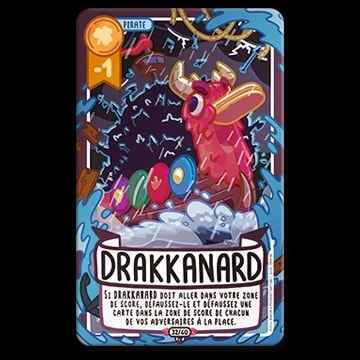 Carte de jeu Drakkanard : illustration d'un drakkar viking en forme de canard rose naviguant dans une mer agitée avec des boucliers colorés, sous un ciel sombre et pluvieux.