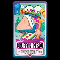 Carte de jeu illustrée d'un pirate au gros nez sur un radeau en mer, titrée "Pirate perdu" avec une valeur de 4 points et un effet spécial permettant de mélanger des cartes de la zone de score.
