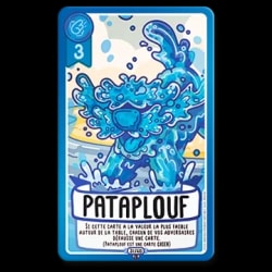 Carte de jeu nommée Pataplouf représentant un chien fait d'eau bleue. La carte indique une valeur de 3 et un effet de jeu pour défausser une carte adverse. Style illustré aux tons bleus.