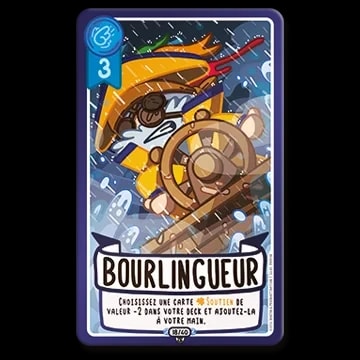 Carte à jouer "Bourlingueur" avec un personnage à la barre d'un navire sous une pluie battante. Coût 3, capacité spéciale permettant de récupérer une carte Soutien de valeur 2 dans son deck.