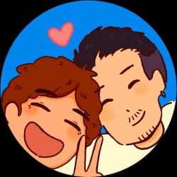 Illustration de deux amis riant joyeusement, l’un faisant un clin d’œil et l’autre souriant, avec un cœur rose au-dessus d’eux.