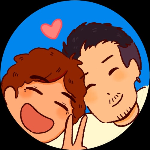 Illustration de deux amis riant joyeusement, l’un faisant un clin d’œil et l’autre souriant, avec un cœur rose au-dessus d’eux.