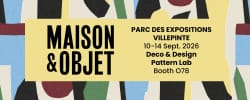 Affiche pour le salon Maison & Objet, du 10 au 14 septembre 2026 à Villepinte, sur fond abstrait coloré, précisant « Pattern Lab » et le stand O78.