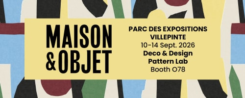 Affiche pour le salon Maison & Objet, du 10 au 14 septembre 2026 à Villepinte, sur fond abstrait coloré, précisant « Pattern Lab » et le stand O78.