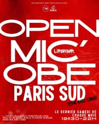 Affiche rouge annonçant une soirée « Open Mic » à Paris Sud, avec les mentions « L’Open Bar » et « Le dernier samedi de chaque mois ».