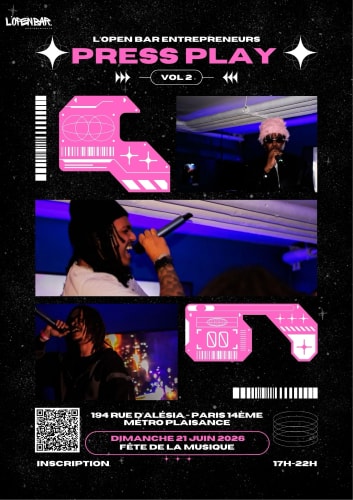 Affiche de l'événement « Press Play Vol.2 » : soirée avec artistes au micro, le 21 juin 2026 à Paris, avec code QR pour inscription et détails sur le lieu et l'horaire.