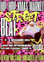Affiche colorée annonçant le marché hip-hop « Street Black », avec le Père Noël, les dates et l’adresse à Paris 14e.