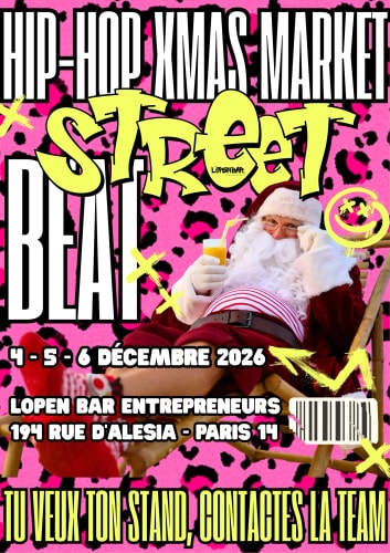 Affiche colorée annonçant le marché hip-hop « Street Black », avec le Père Noël, les dates et l’adresse à Paris 14e.
