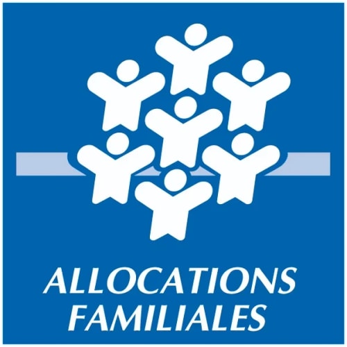 Icône bleue représentant une famille stylisée en blanc, avec le texte « ALLOCATIONS FAMILIALES » en bas.