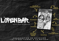 Affiche noire pour l'association L'Open Bar présentant ses activités variées : coworking, café, studio, autour d'une photo de deux femmes souriantes sur un fond de papier froissé.
