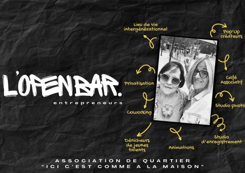 Affiche noire pour l'association L'Open Bar présentant ses activités variées : coworking, café, studio, autour d'une photo de deux femmes souriantes sur un fond de papier froissé.