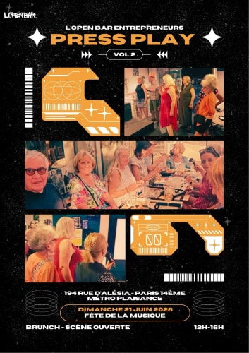 Affiche noire pour l'événement « Press Play Vol 2 » le 21 juin 2026 au 194 rue d'Alésia à Paris, présentant un brunch et une scène ouverte avec des photos de convives dans une ambiance festive.